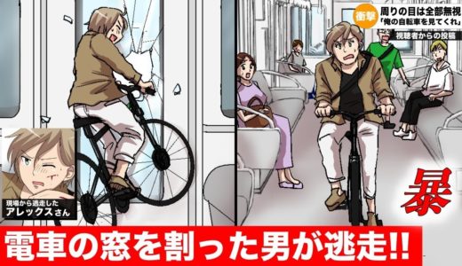 【漫画】電車の中で自転車を乗り回して窓を破壊…男が現場から慌てて逃走した理由が自己中過ぎた・・・（マンガ動画）
